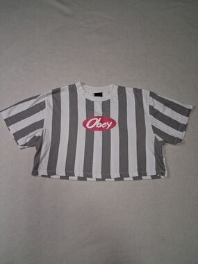 Obey White & Gray Vertical Stripe Cropped Tee with Pink Logo